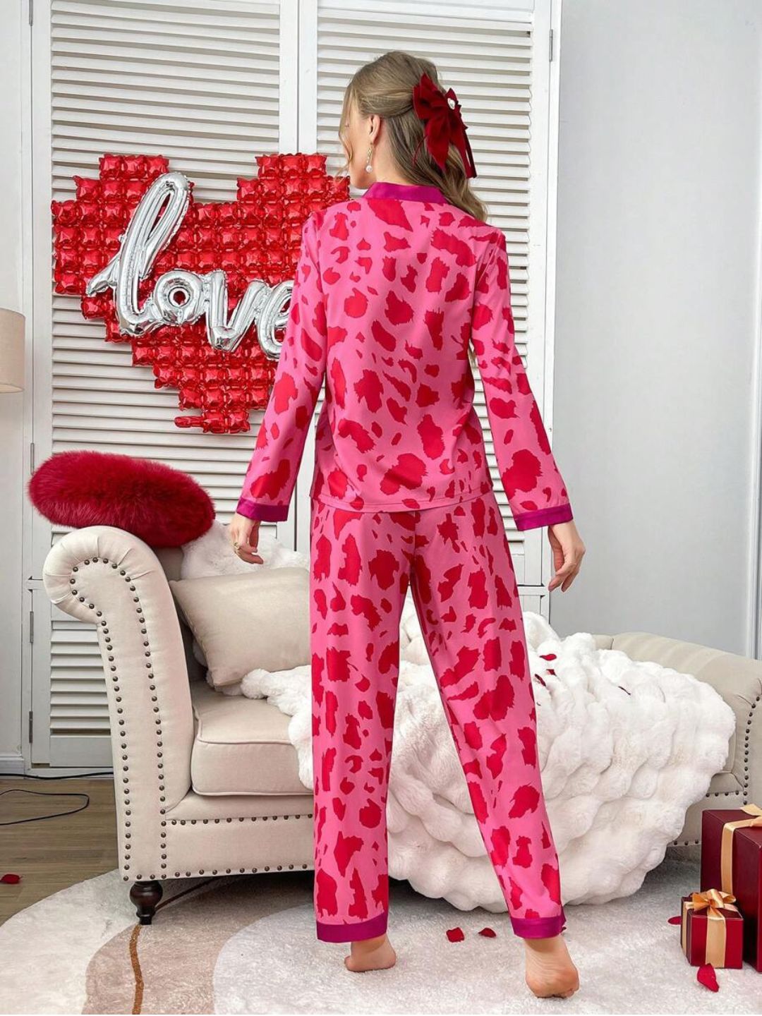 11026 - Women Cream & Black Animal Print Button-Down Night Suit