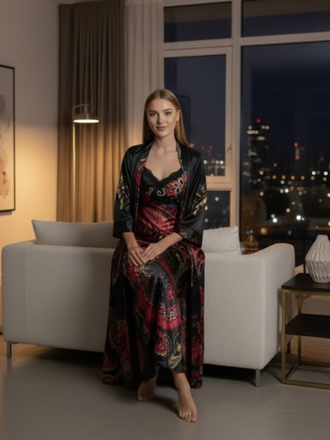 980 - Women Black & Red Paisley Printed Satin Nightdress with Long Robe