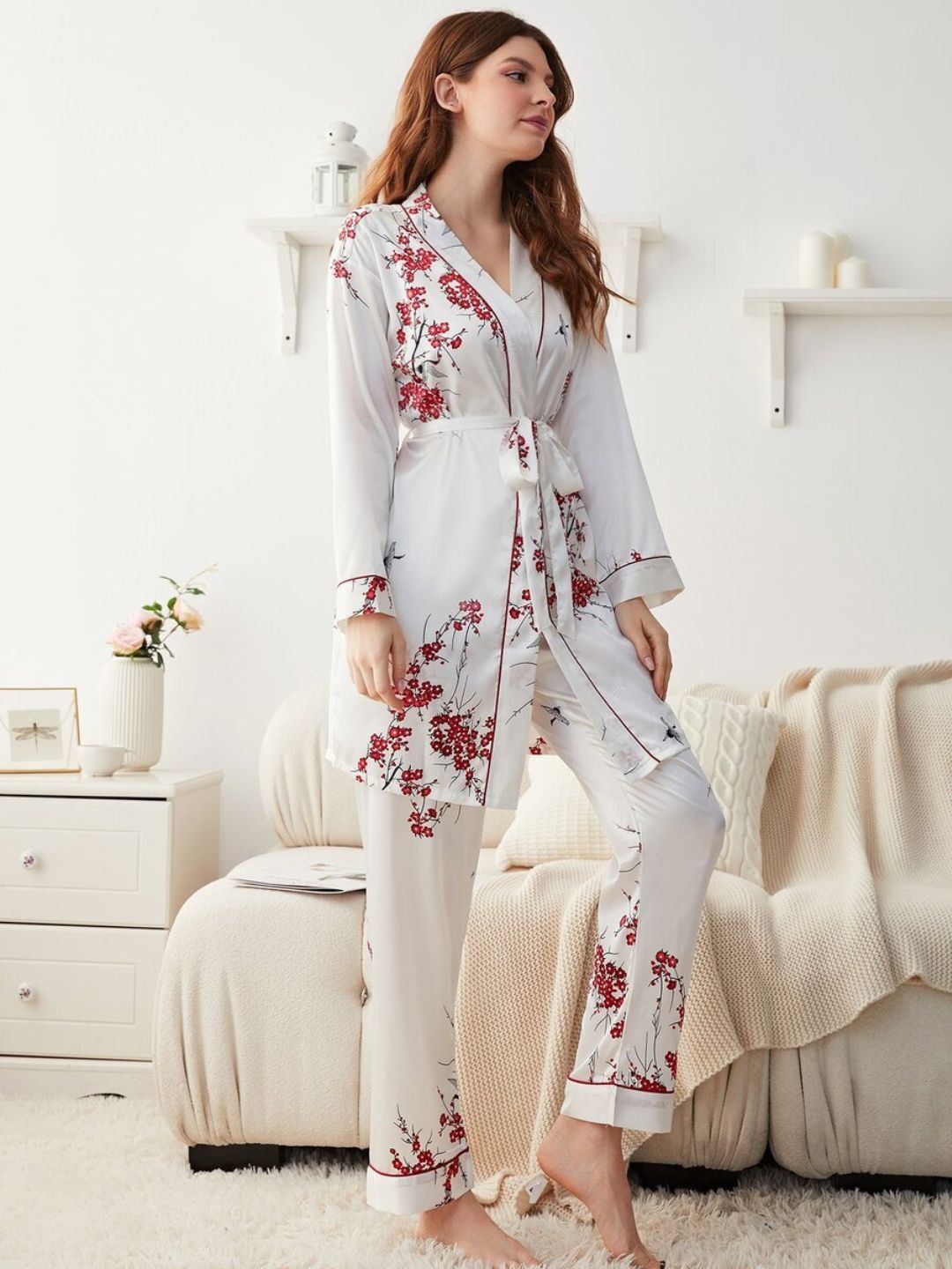 11009-Women’s Satin Floral Pajama Set with Matching Robe – Luxury Sleepwear Loungewear Set