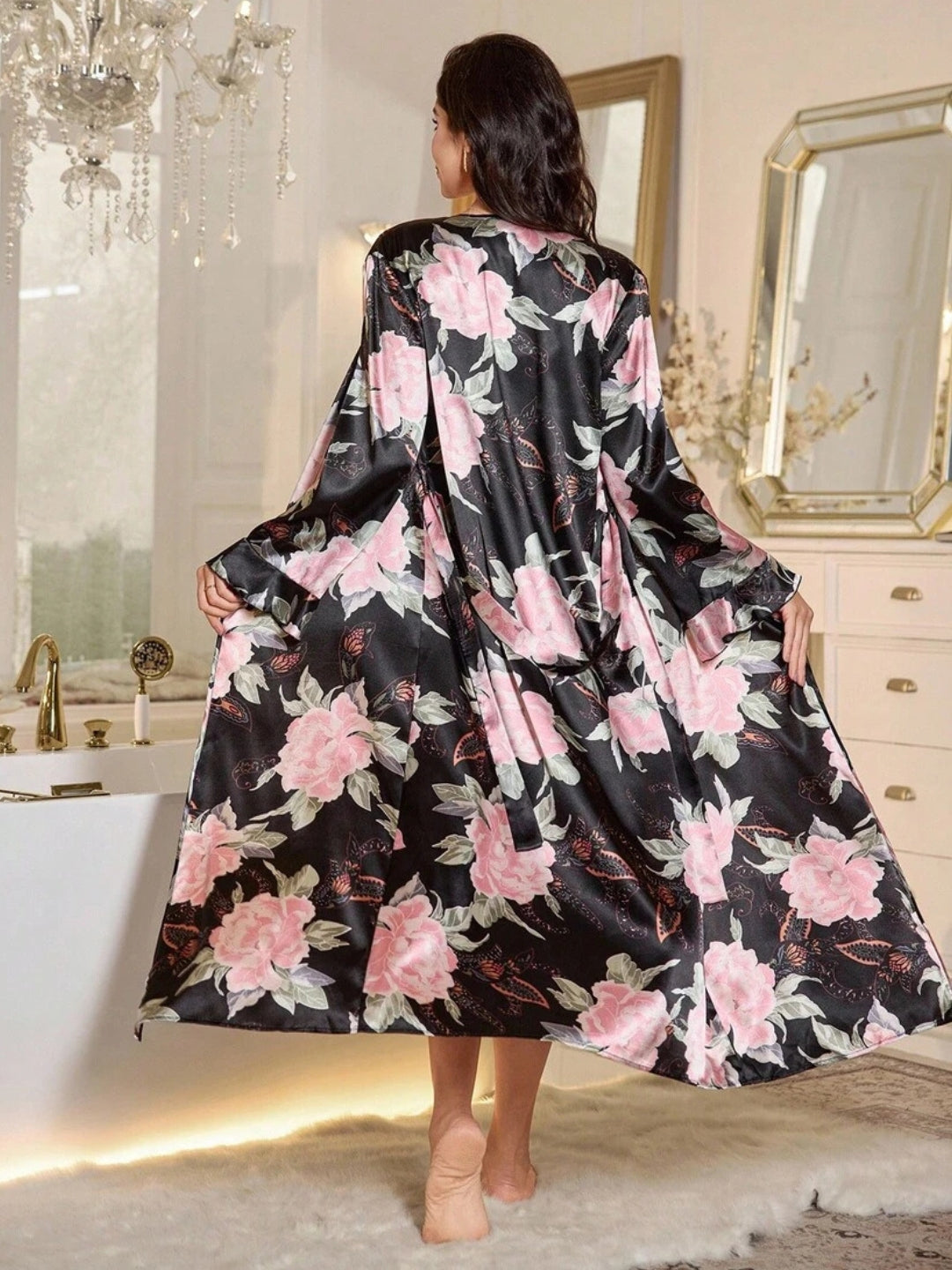 11017-Women’s Floral Satin Nightdress with Matching Robe – Soft Luxury Nightwear Set
