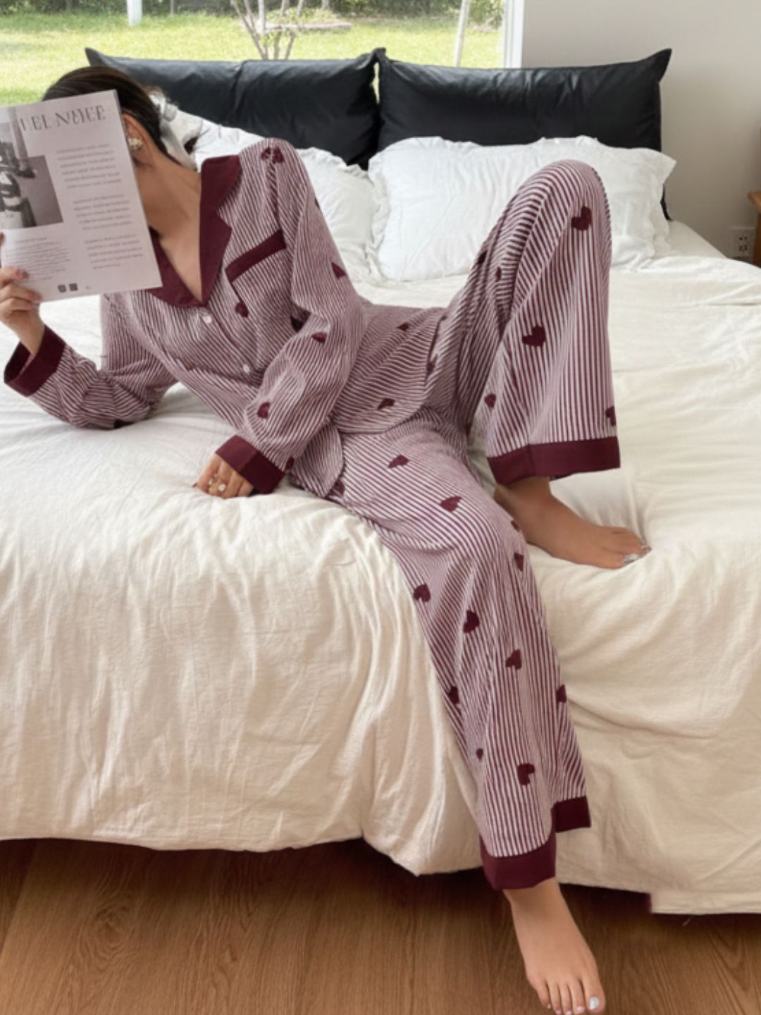 11016-Women Striped Heart Print Comfortable Shirt & Pyjama Nightwear Set