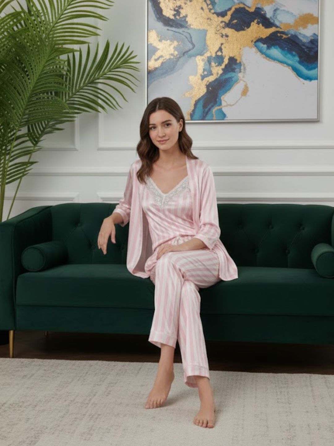 11011-MAROON Women’s Satin 3 Piece Nightwear Set – Striped Camisole, Robe & Pyjama