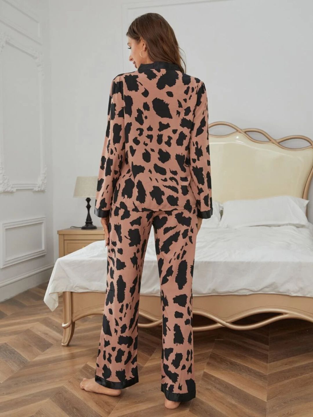 11026 - Women Cream & Black Animal Print Button-Down Night Suit