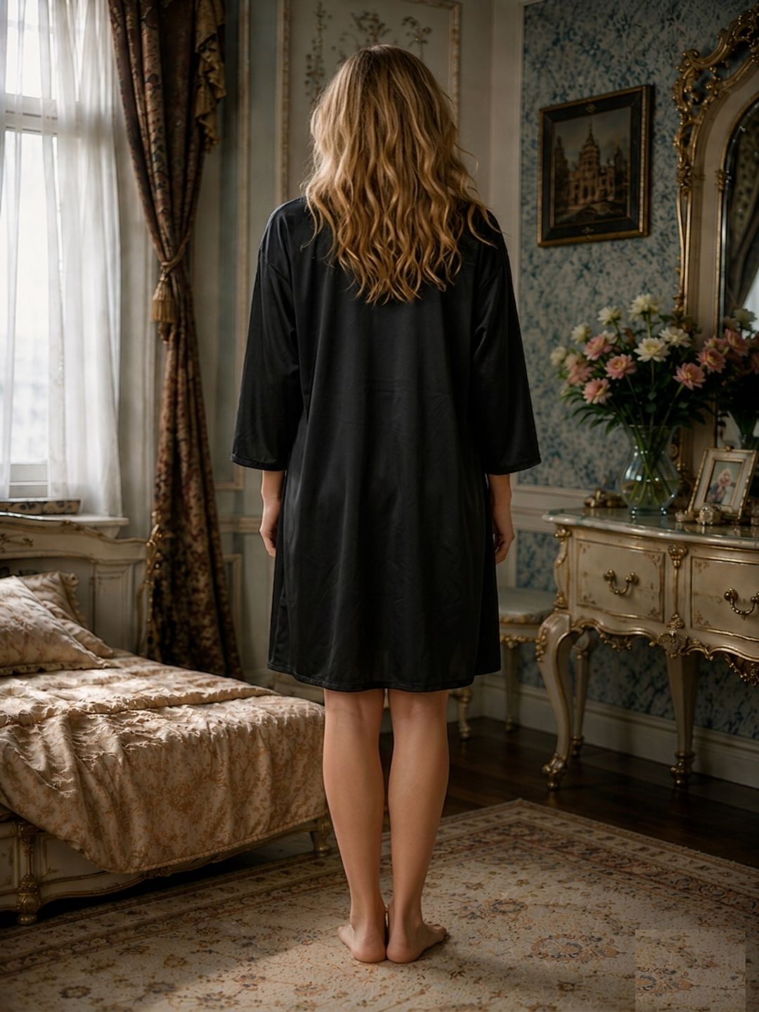 11029 - Women Solid Black Satin Night Suit with Robe Set