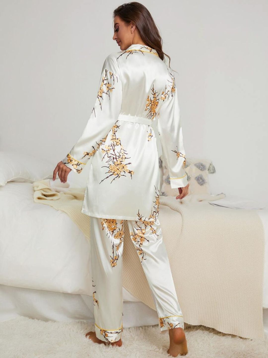 11009-Women’s Satin Floral Pajama Set with Matching Robe – Luxury Sleepwear Loungewear Set