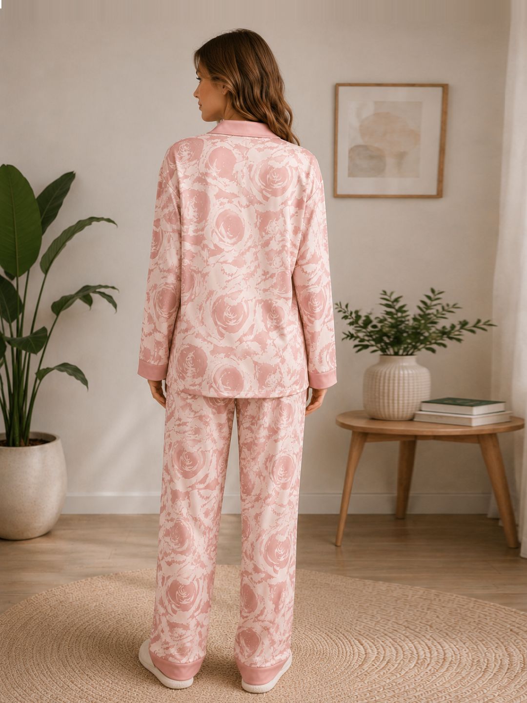 11052- Women Printed Satin Night Suit Set