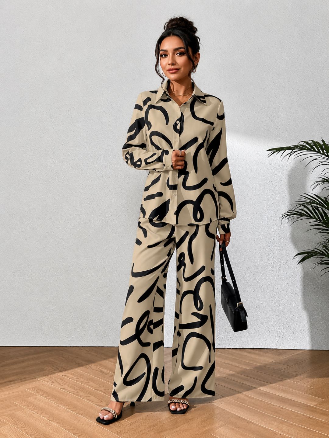 11053-Women Beige & Black Abstract Printed Three-Piece Co-Ord Set