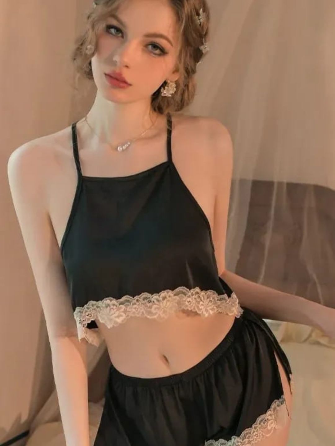 301 DN   3-Piece Satin Nightwear Set with Lace Trim – Robe, Cami & Shorts