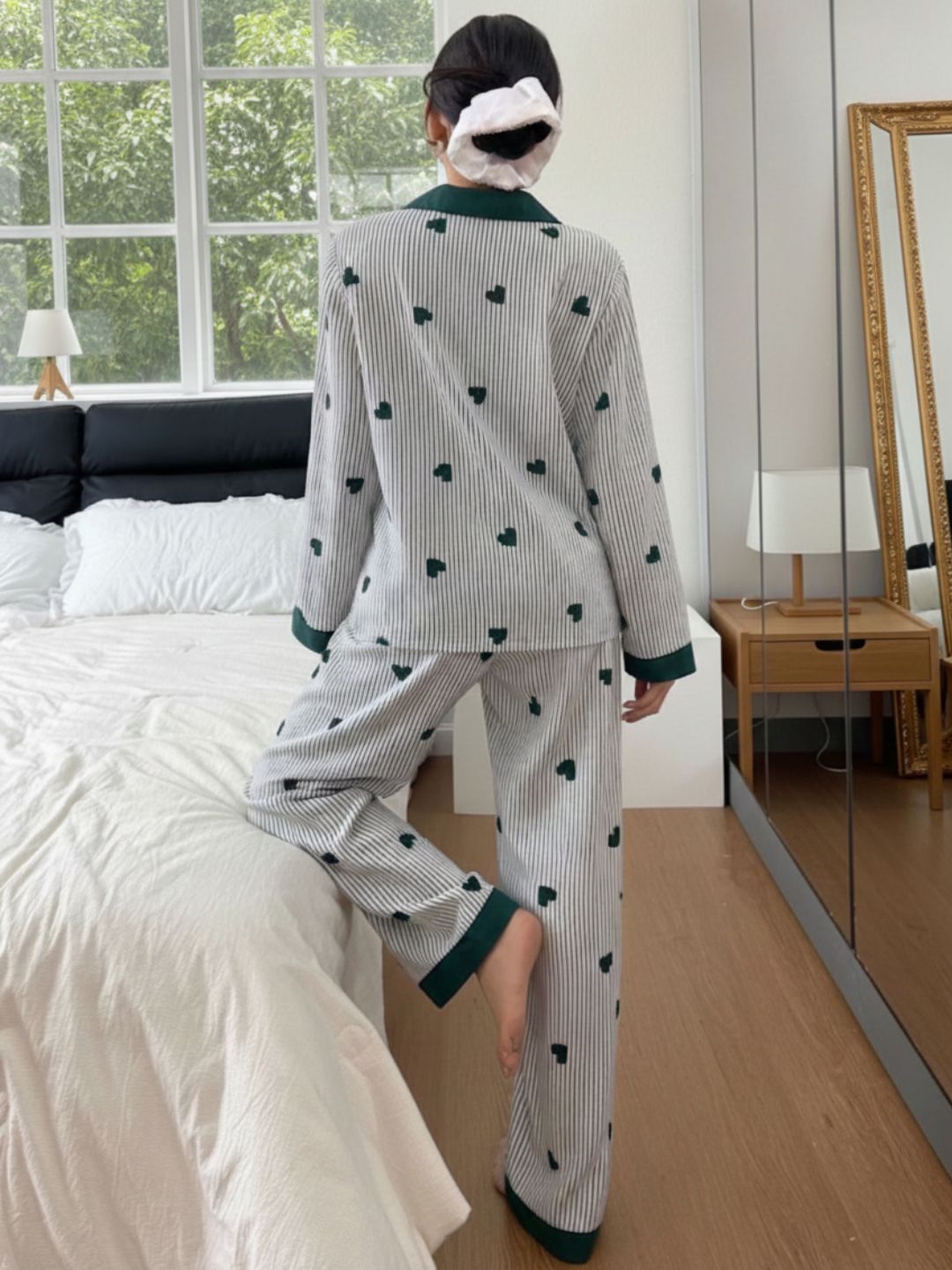 11016-Women Striped Heart Print Comfortable Shirt & Pyjama Nightwear Set