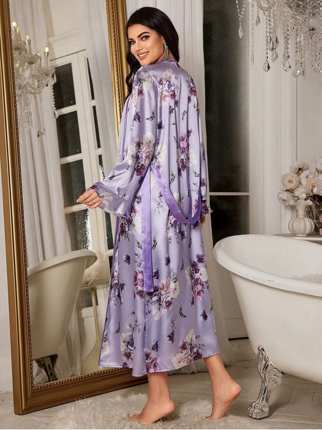 11001-Pink Floral Satin Nightdress with Robe
