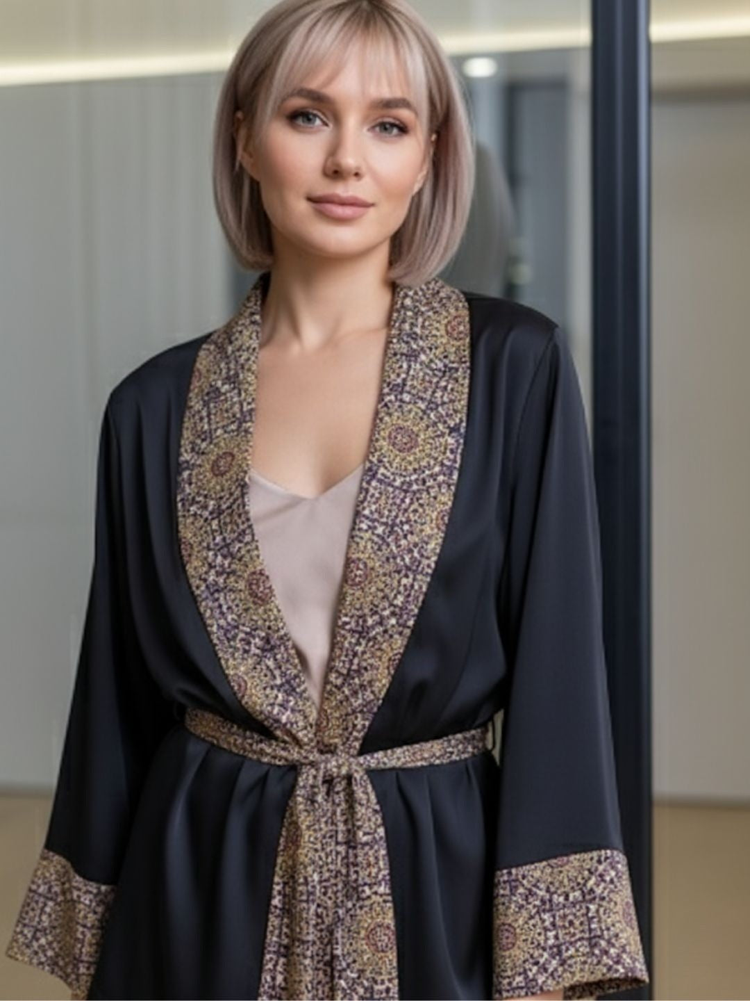 11007-Luxury Black Satin 3-Piece Nightwear Set for Women | Printed Border Robe & Pyjama Set