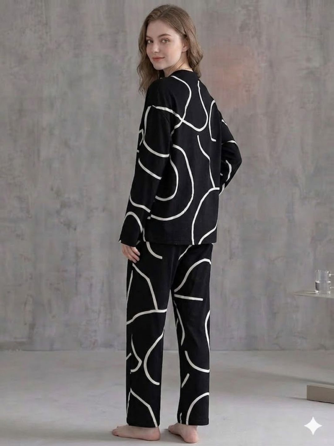 11034-Women Black Abstract Printed Shirt Collar Night Suit Set