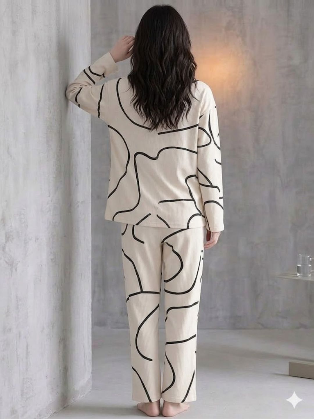 11034-Women Black Abstract Printed Shirt Collar Night Suit Set