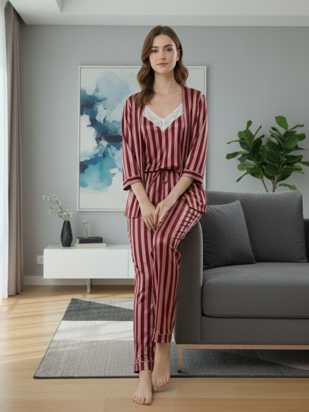 11011-PINK Women’s Satin 3 Piece Nightwear Set – Striped Camisole, Robe & Pyjama