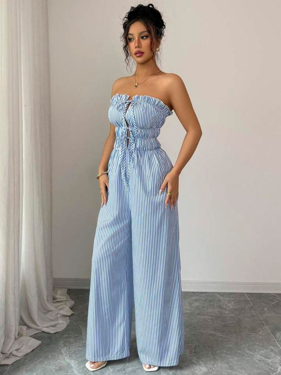 11038 - Women pink & White Striped Cotton Night Suit