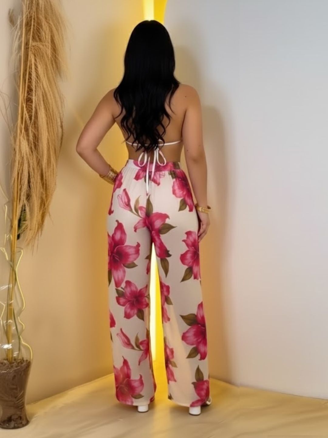 11044-Women Floral Printed Satin Co-Ord Set with Halter Neck Crop Top & Straight Fit Pants