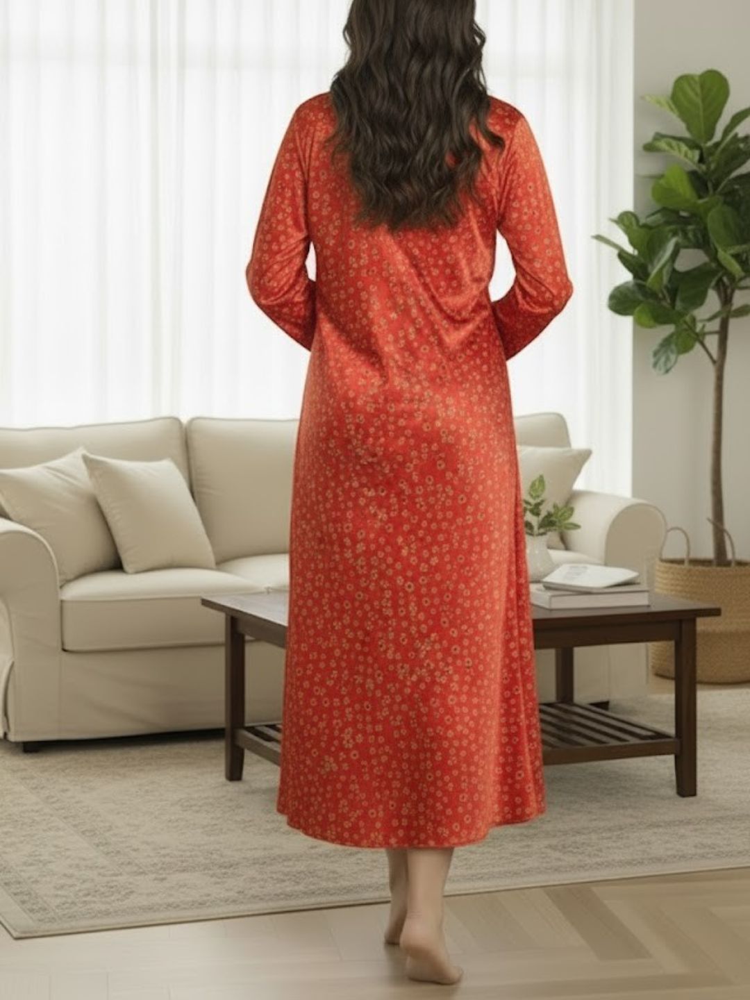11008-Sky Floral Satin Nightwear Set with Long Robe and Cowl Neck Slip Dress for Women