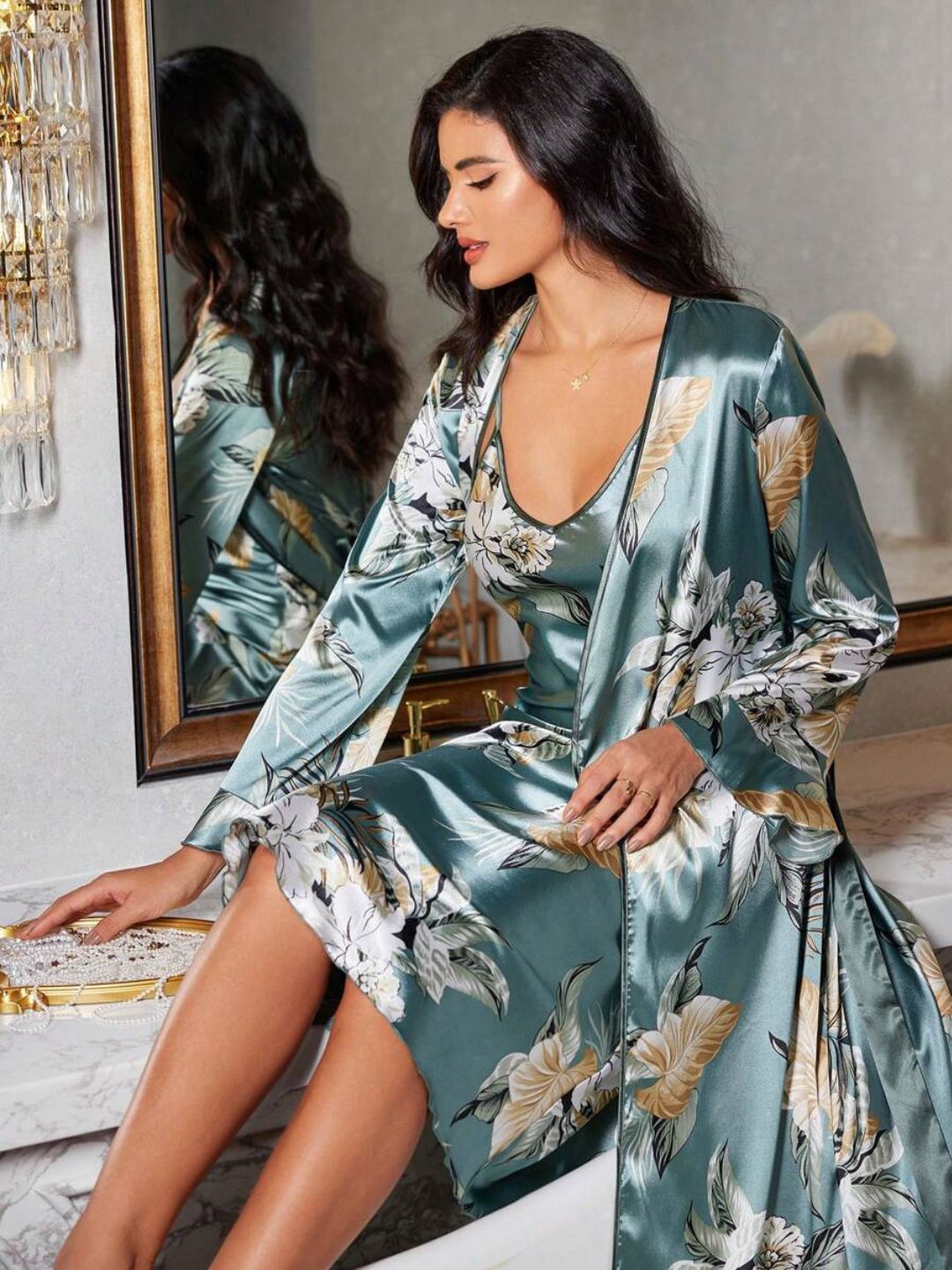 11001-Pink Floral Satin Nightdress with Robe