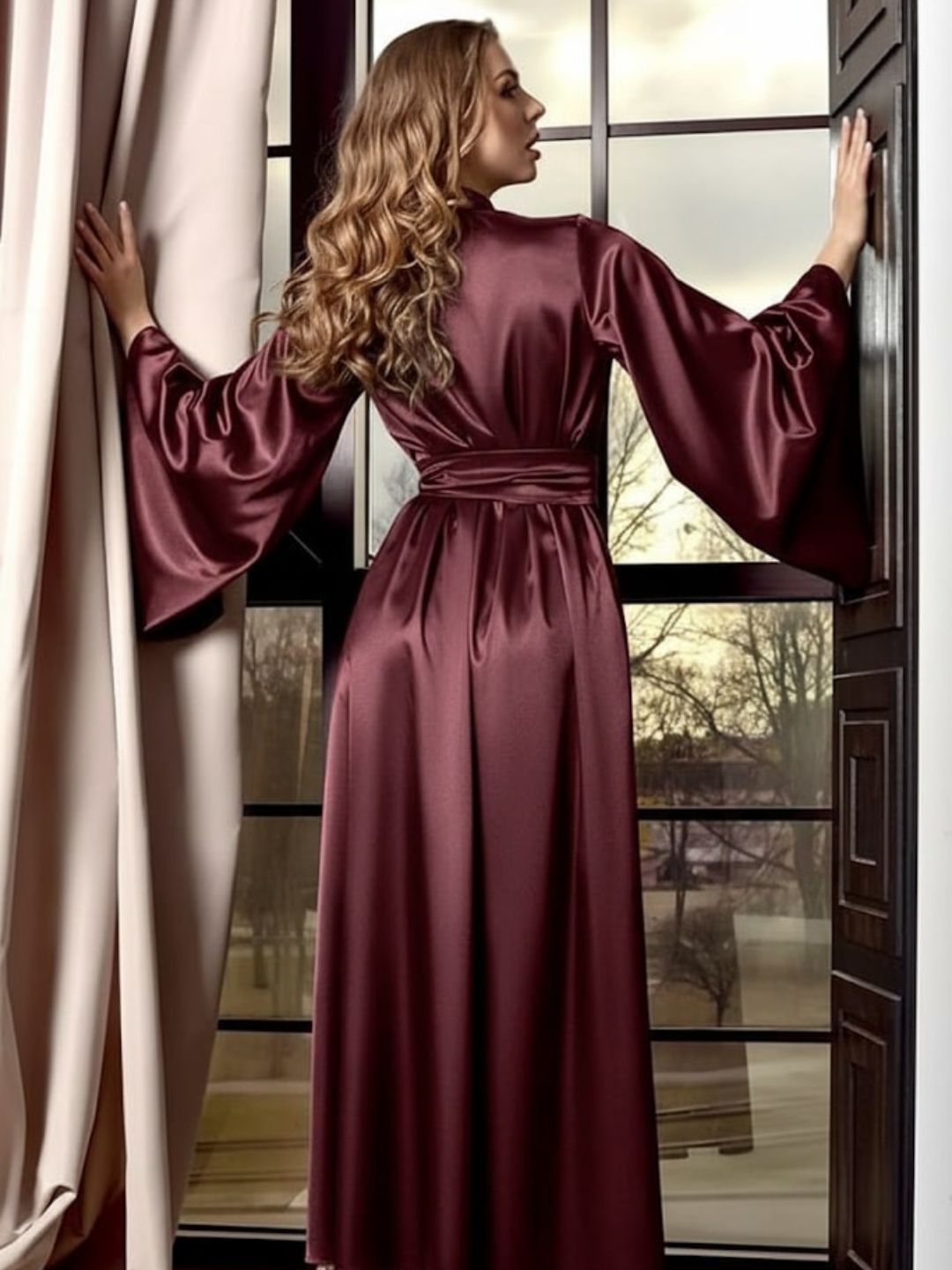 11006- Maroon Glamorous Satin Nightwear Robe – Soft & Silky Feel