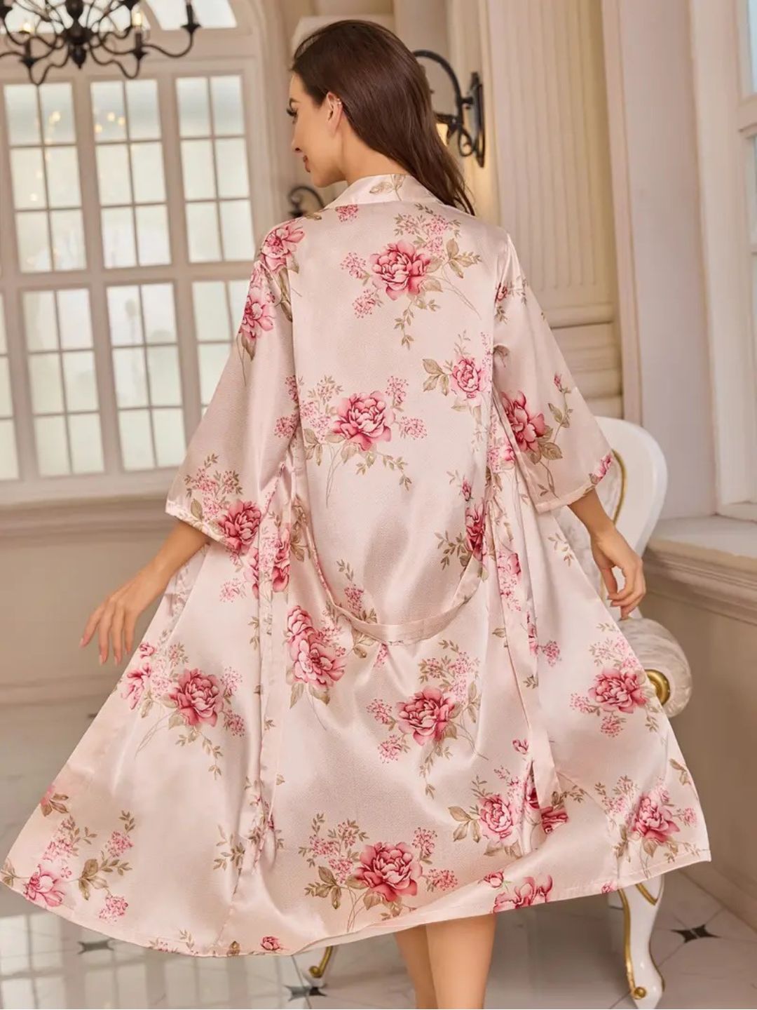 11004-Premium Pink Floral Satin Nightwear Robe Set for Women – Elegant Sleepwear & Night Dress