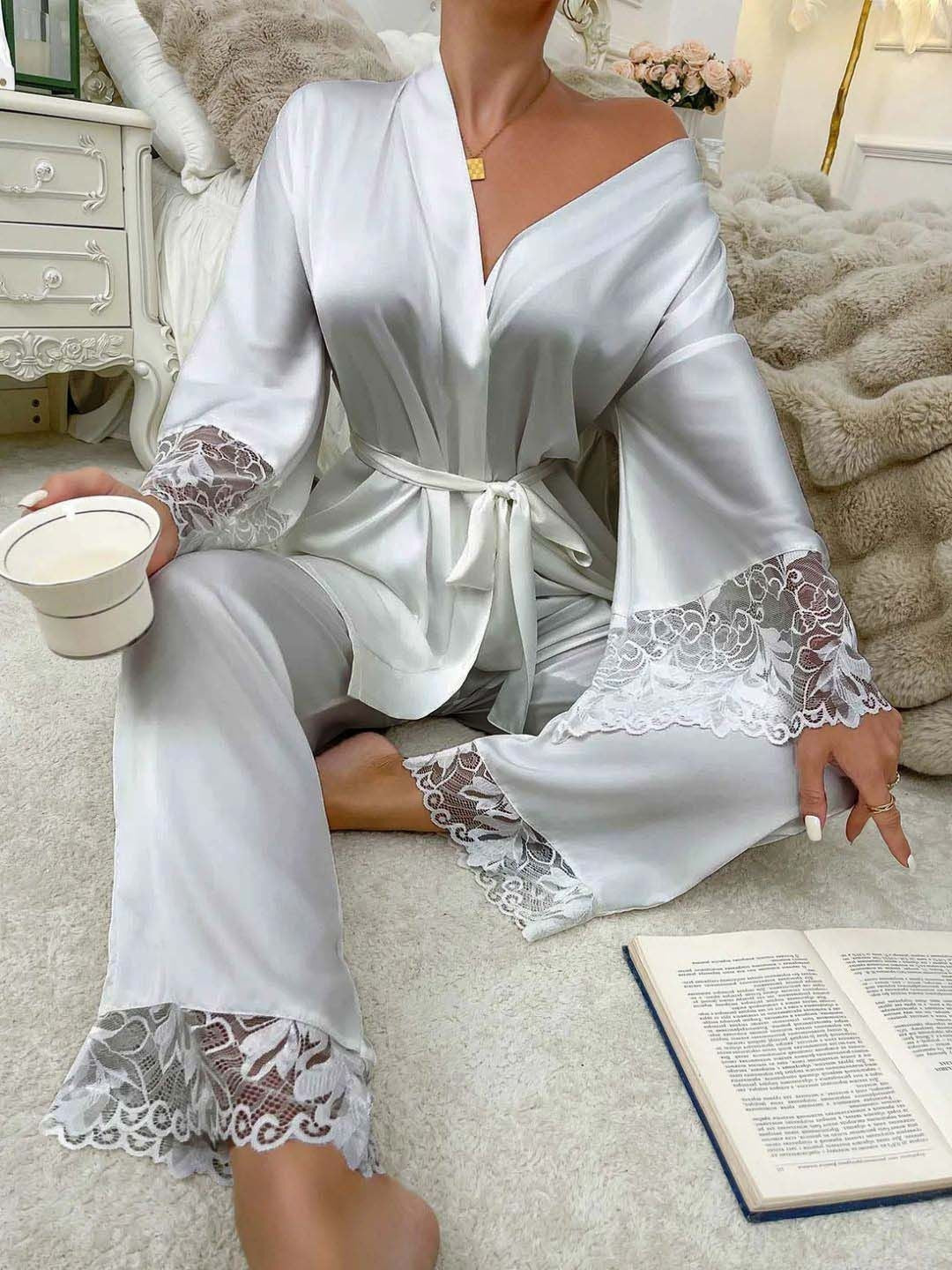 11002-Maroon Satin Nightwear Set with Lace Trim | Luxury Sleepwear For Women