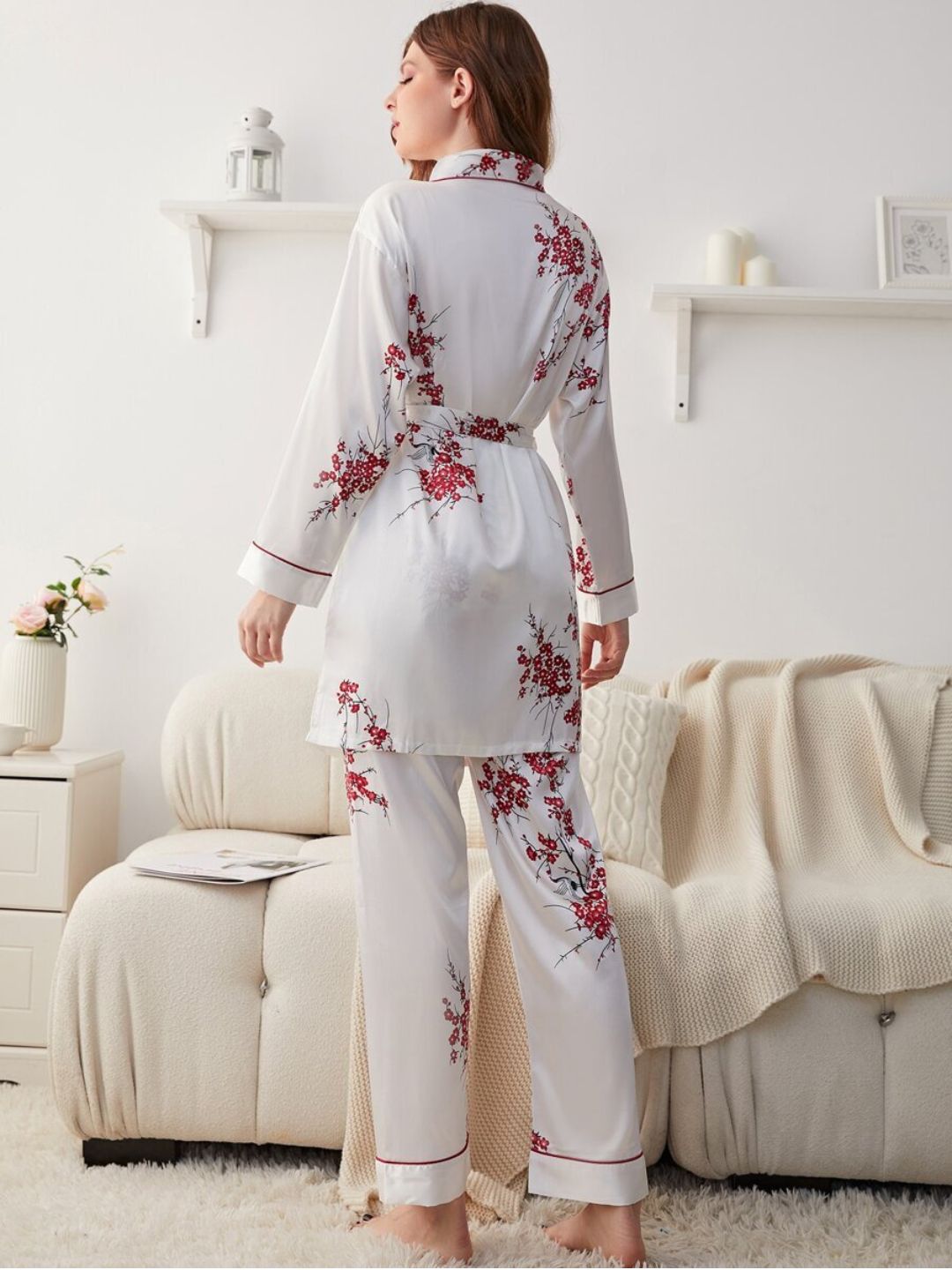 11009-YELLOW Women’s Satin Floral Pajama Set with Matching Robe – Luxury Sleepwear Loungewear Set