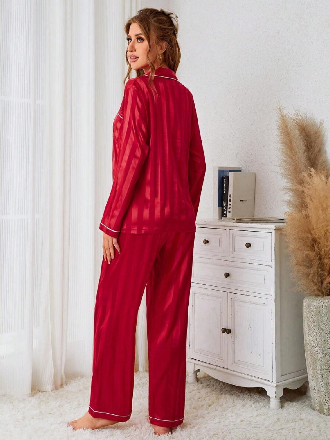 11013-Women Satin Finish Shirt & Pyjama Night Suit Set