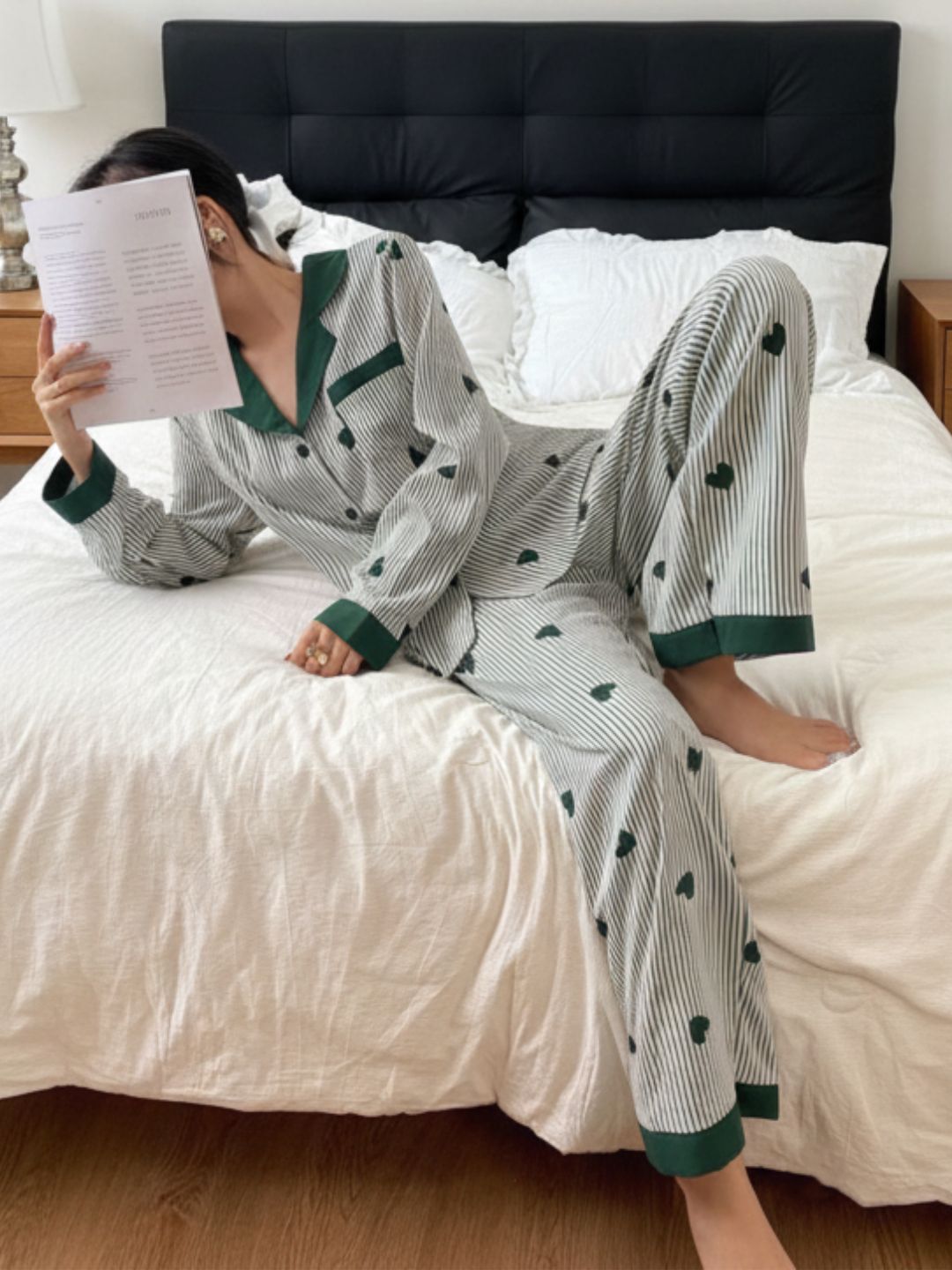 11016-Women Black & White Striped Heart Print Comfortable Shirt & Pyjama Nightwear Set