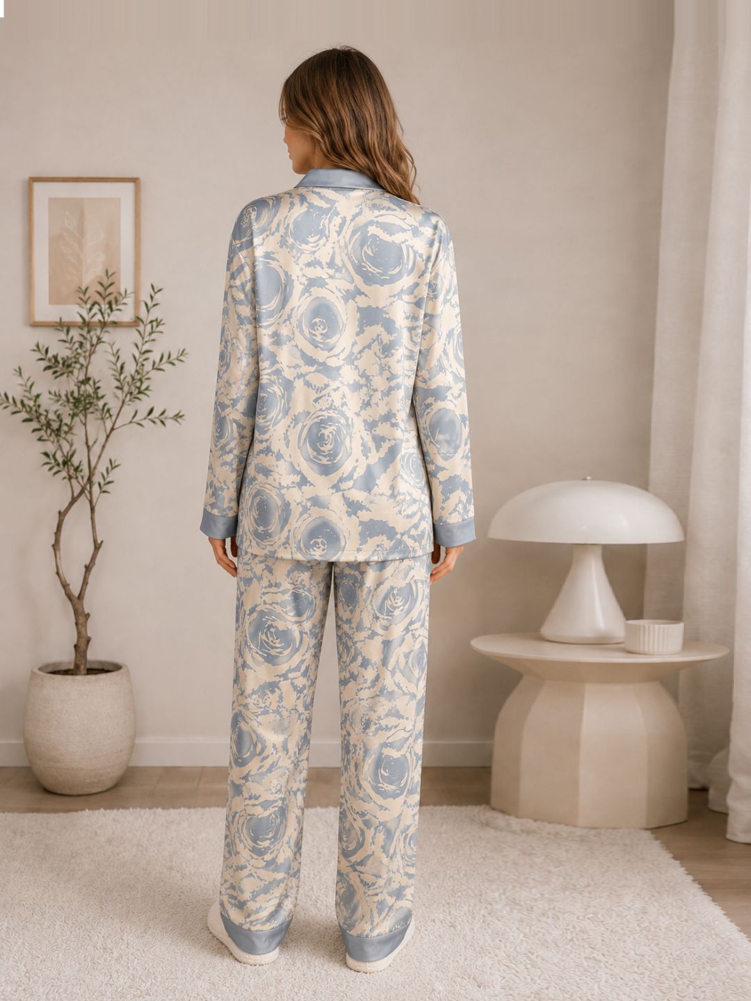 11052- Women Printed Satin Night Suit Set