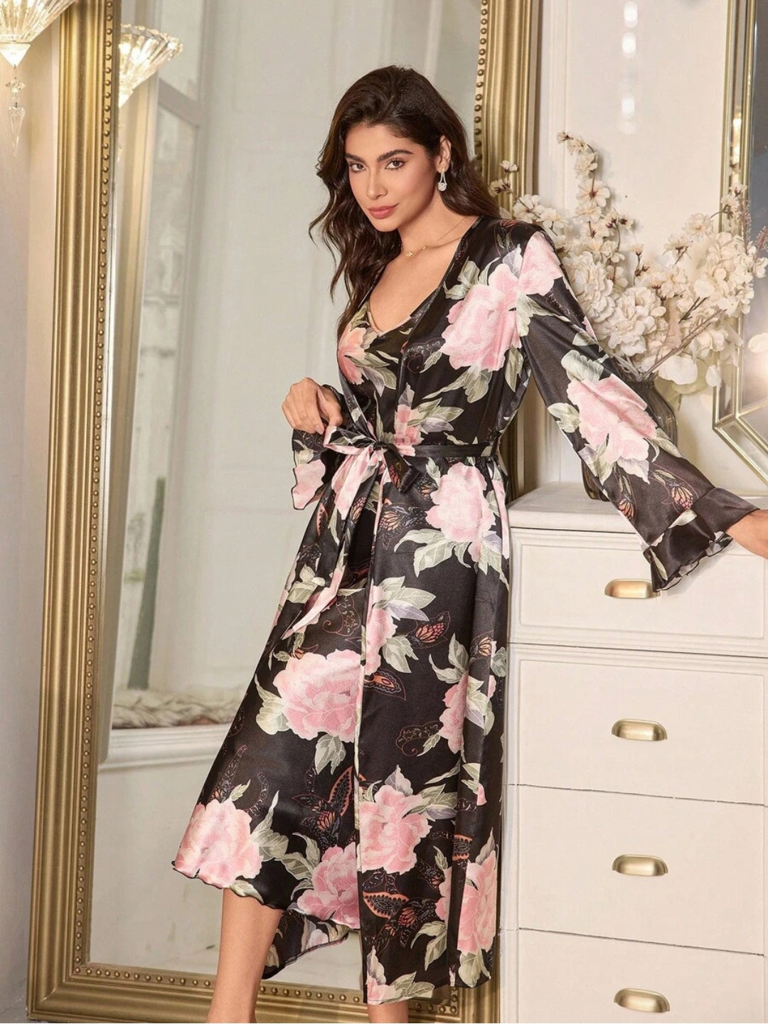 11017-Women’s Floral Satin Nightdress with Matching Robe – Soft Luxury Nightwear Set