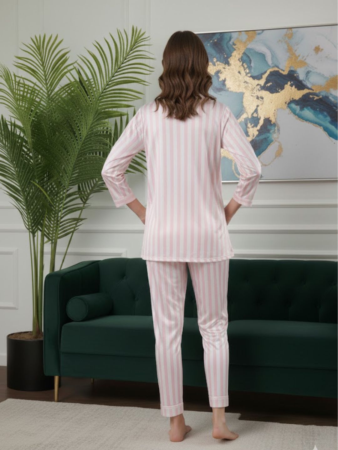11011-MAROON Women’s Satin 3 Piece Nightwear Set – Striped Camisole, Robe & Pyjama