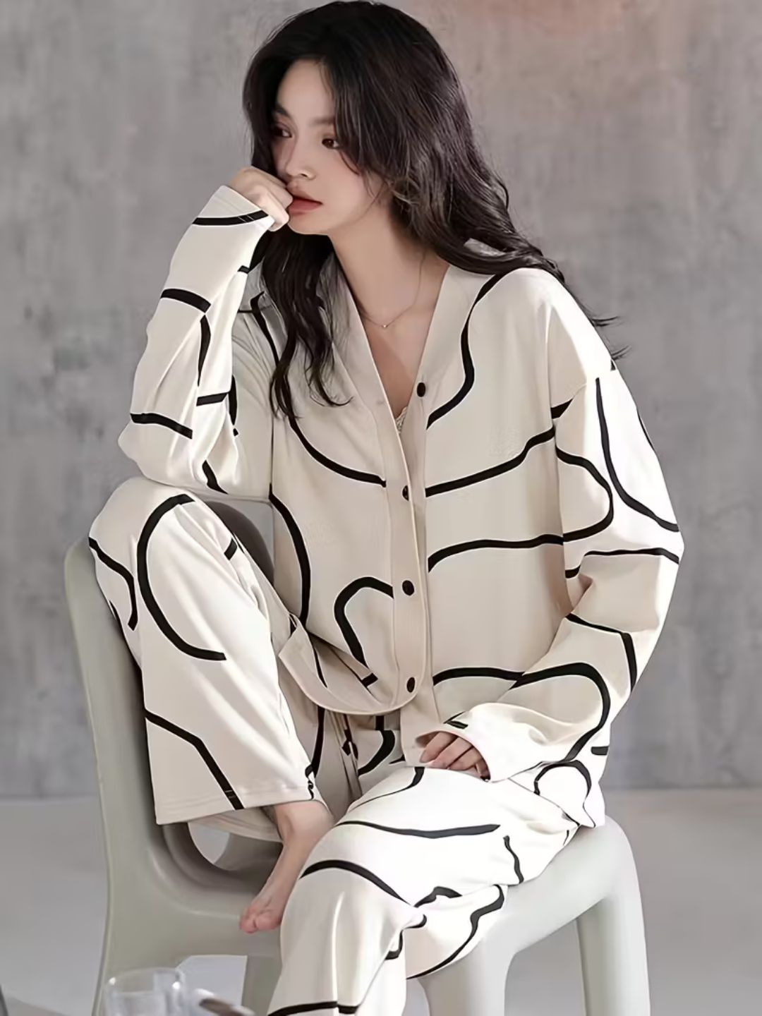 11034-Women Abstract Printed Shirt Collar Night Suit Set