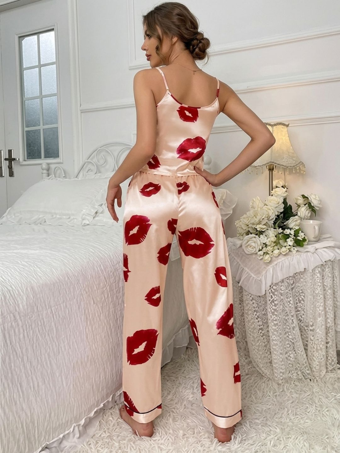11056- Women Beige Satin Lip Print Camisole Night Suit Set