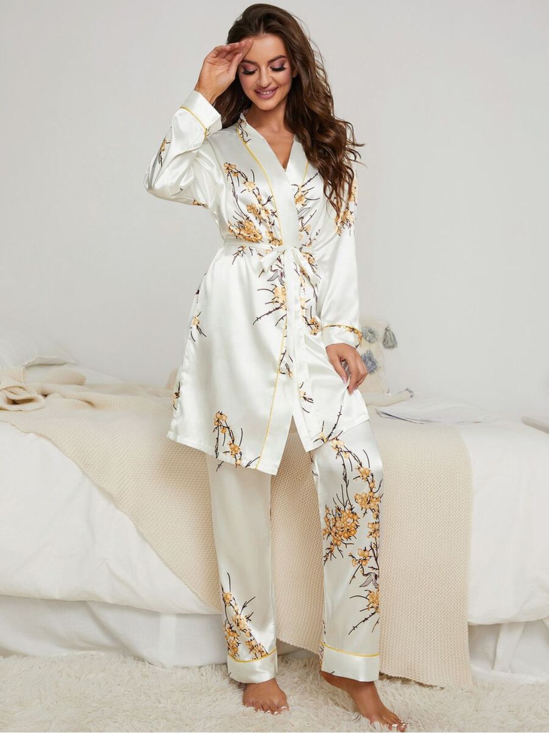 11010-Premium Women’s Satin Night Suit – Designer Printed Robe & Pyjama Set