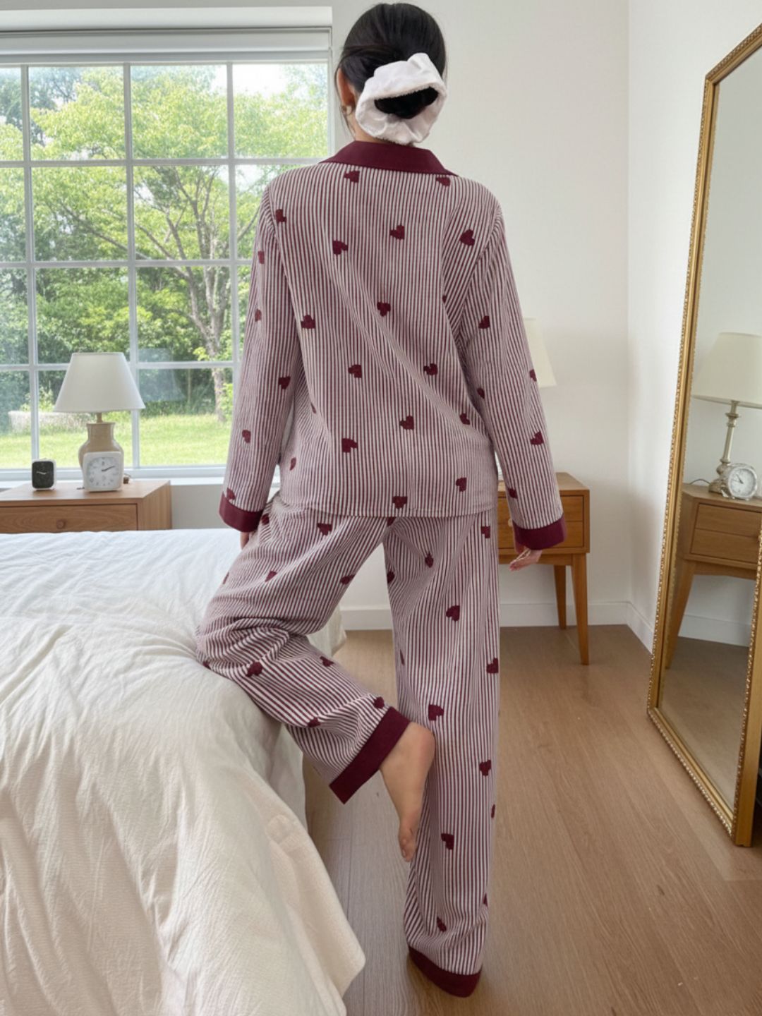 11016-Women Striped Heart Print Comfortable Shirt & Pyjama Nightwear Set