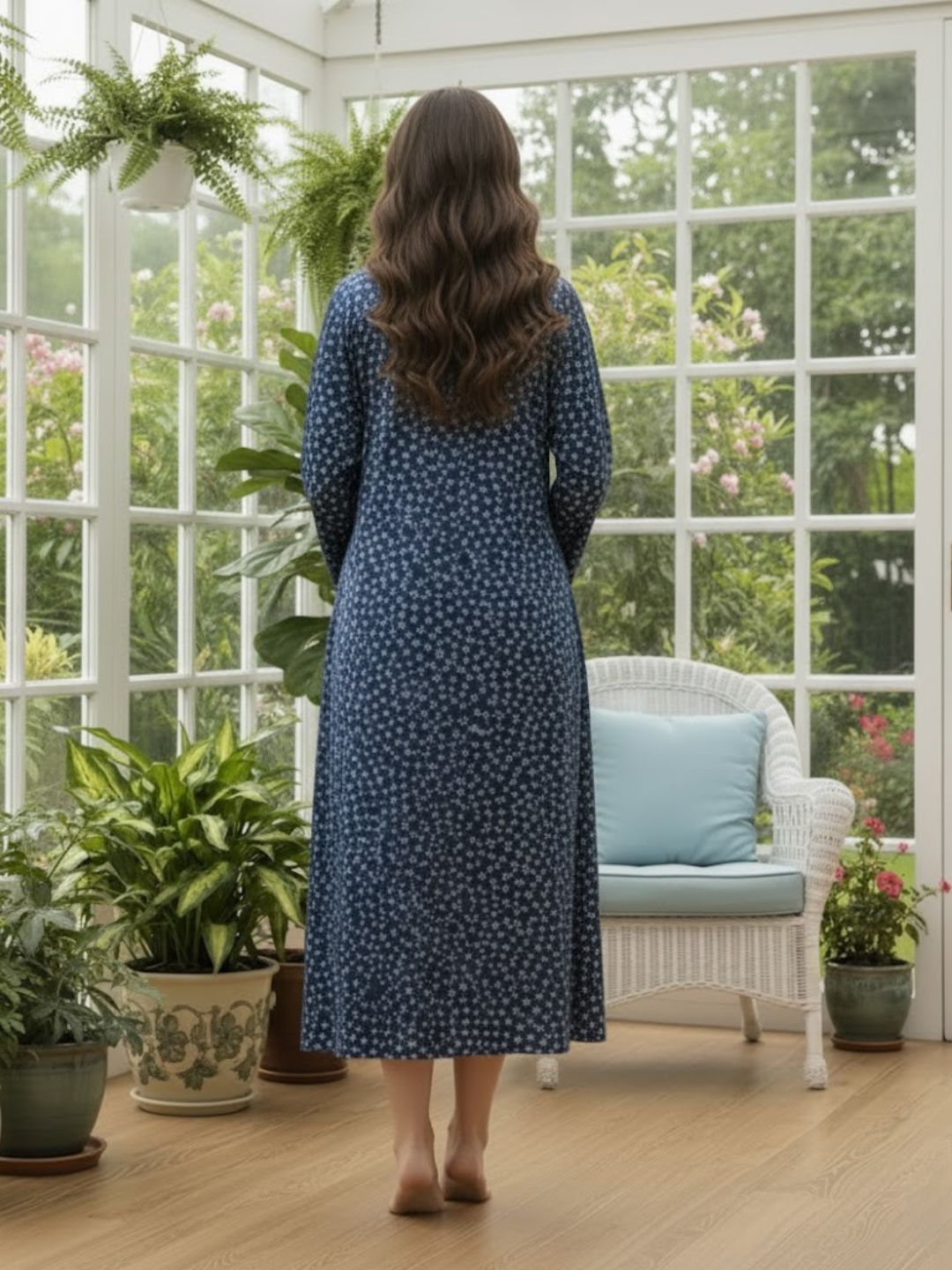 11008-Sky Floral Satin Nightwear Set with Long Robe and Cowl Neck Slip Dress for Women