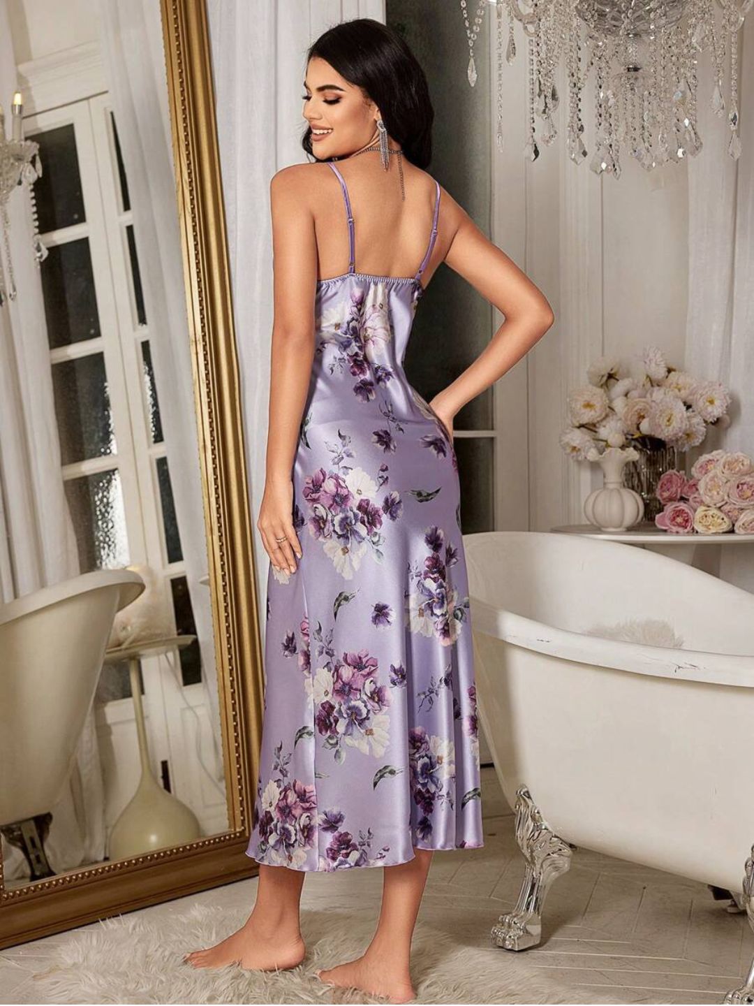 11001-Pink Floral Satin Nightdress with Robe
