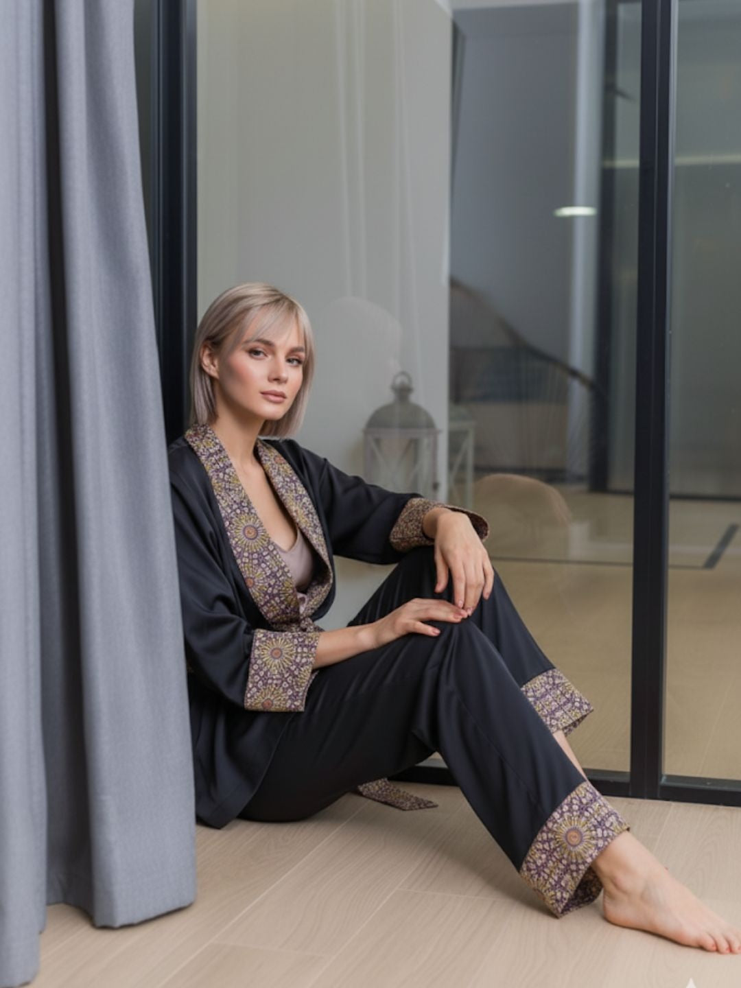 11007-Luxury Black Satin 3-Piece Nightwear Set for Women | Printed Border Robe & Pyjama Set