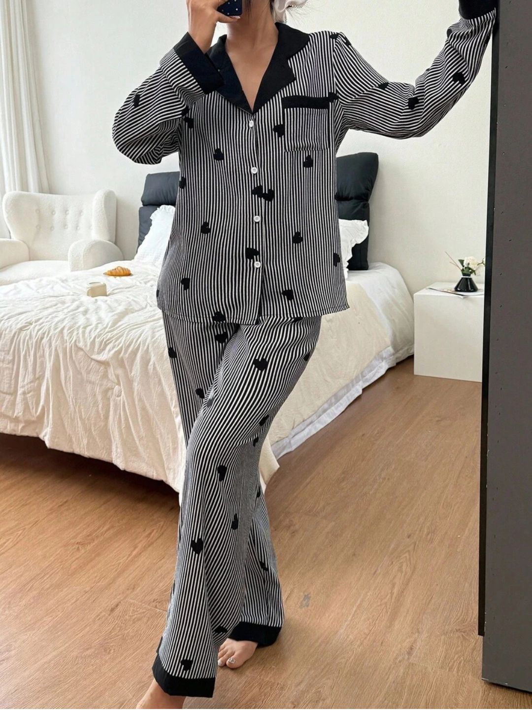 11016-Women Striped Heart Print Comfortable Shirt & Pyjama Nightwear Set