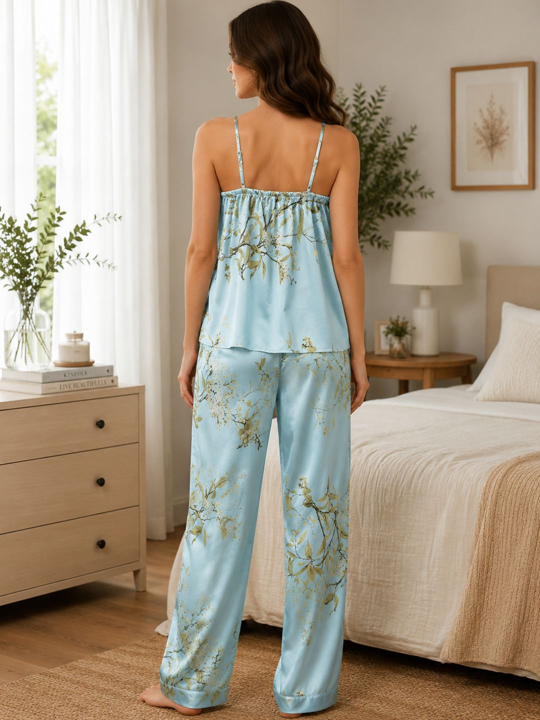 11060-Women Floral Printed Satin Camisole Top with Lounge Pants Night Suit Set