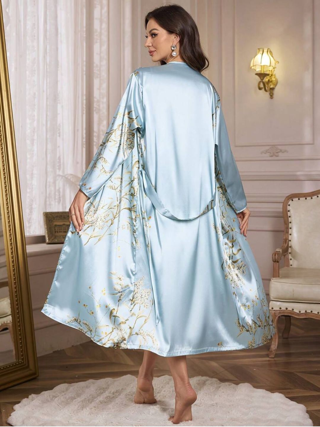 11003-Black Floral Satin Nightwear Robe Set for Women – Elegant Night Dress & Sleepwear