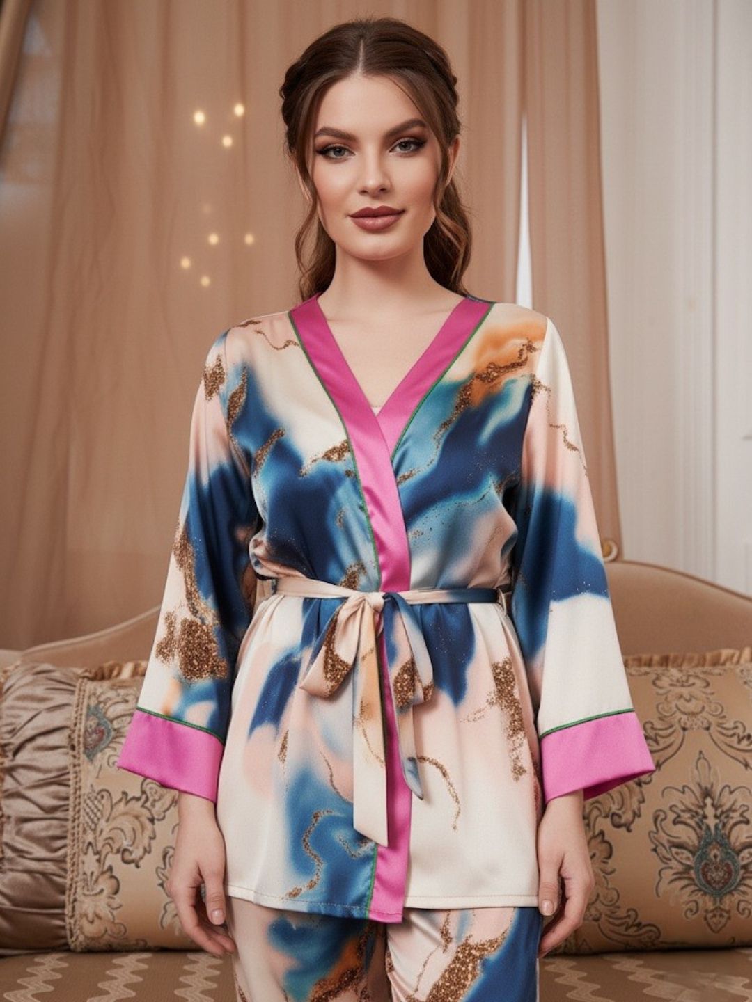 11009-Women’s Satin Floral Pajama Set with Matching Robe – Luxury Sleepwear Loungewear Set