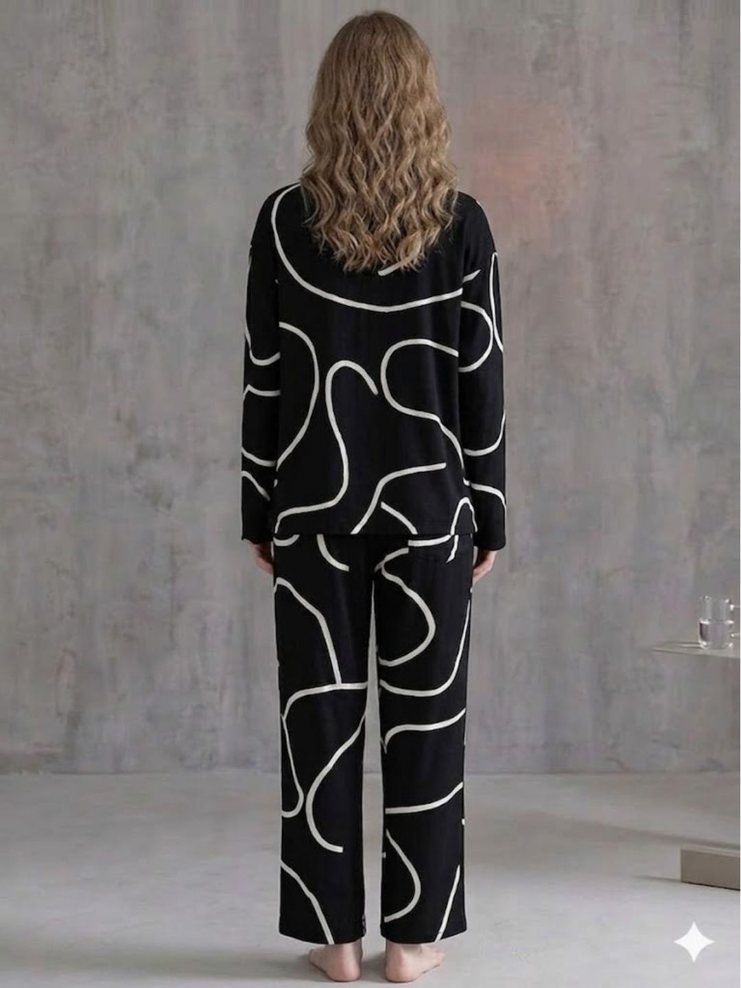 11034-Women Abstract Printed Shirt Collar Night Suit Set