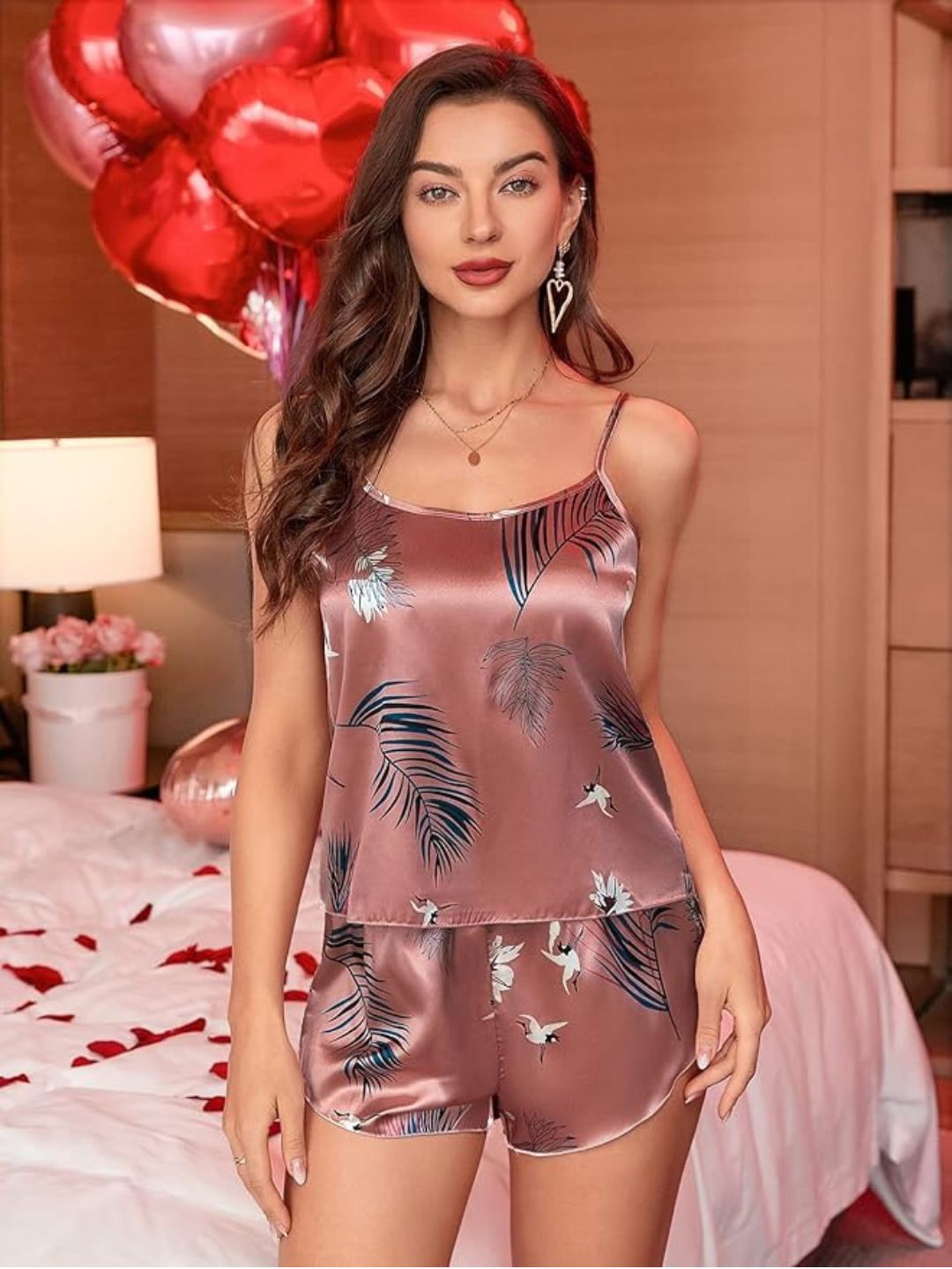 29-Celestial Print Satin Camisole & Shorts Nightwear Set