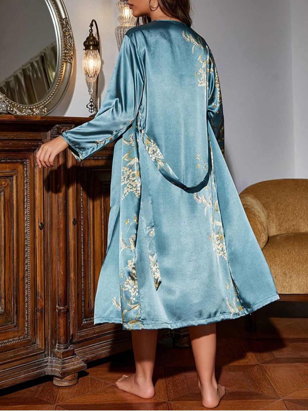 11003-Black Floral Satin Nightwear Robe Set for Women – Elegant Night Dress & Sleepwear