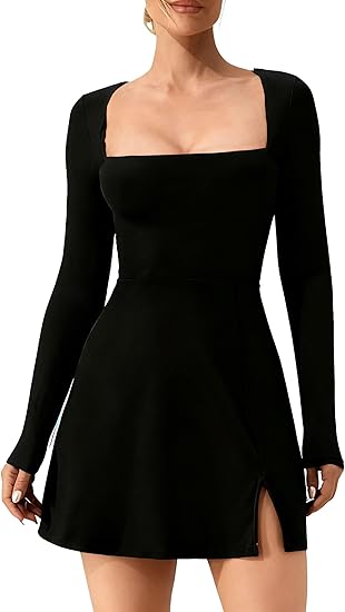 Black Square Neck Long Sleeve Mini Dress