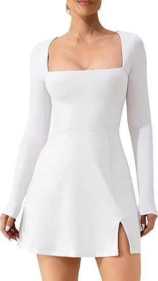 White Square Neck Long Sleeve Mini Dress