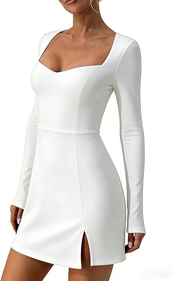 White Square Neck Long Sleeve Mini Dress