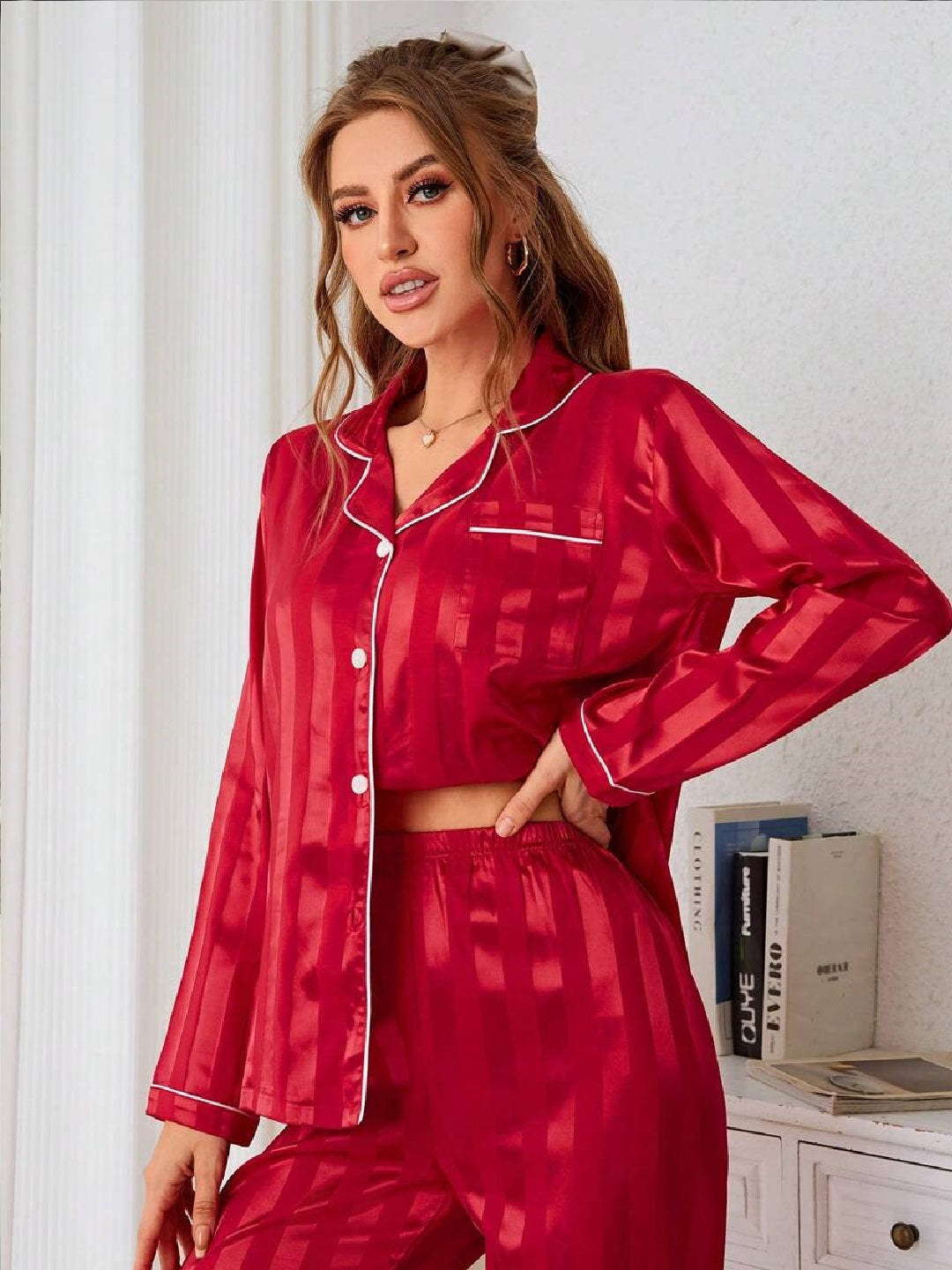 11013-Women Satin Finish Shirt & Pyjama Night Suit Set