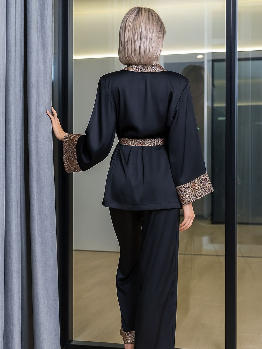 11007-Luxury Black Satin 3-Piece Nightwear Set for Women | Printed Border Robe & Pyjama Set